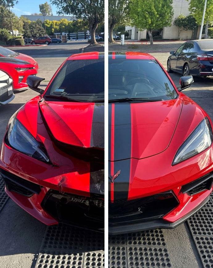 A red Corvette shown split; left side damaged, right side intact, parked outdoors in a lot—a testament to the transformative work possible at an auto body shop specializing in Dent Removal.